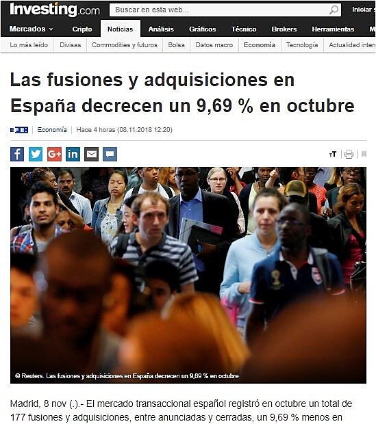 Las fusiones y adquisiciones en Espaa decrecen un 9,69 % en octubre